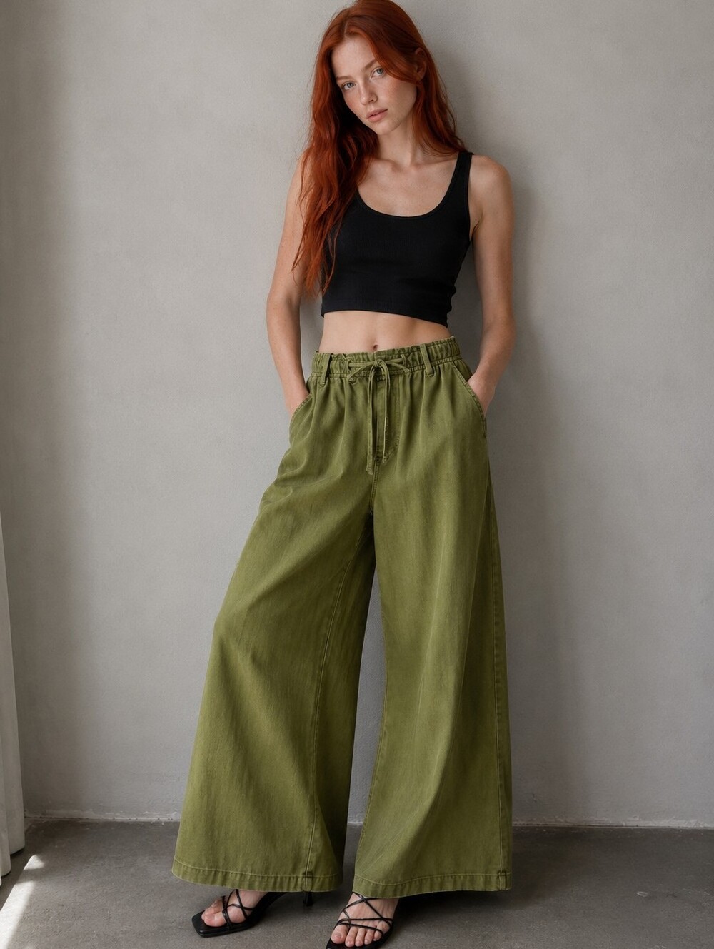 We The Free Free People Clover Wide Leg Pants S Army Green Boho Slouchy
